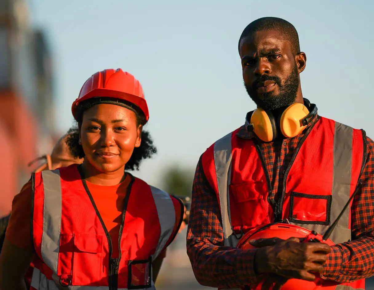 Industrial workers wearing red protective clothing and hard hats at a South African energy infrastructure site